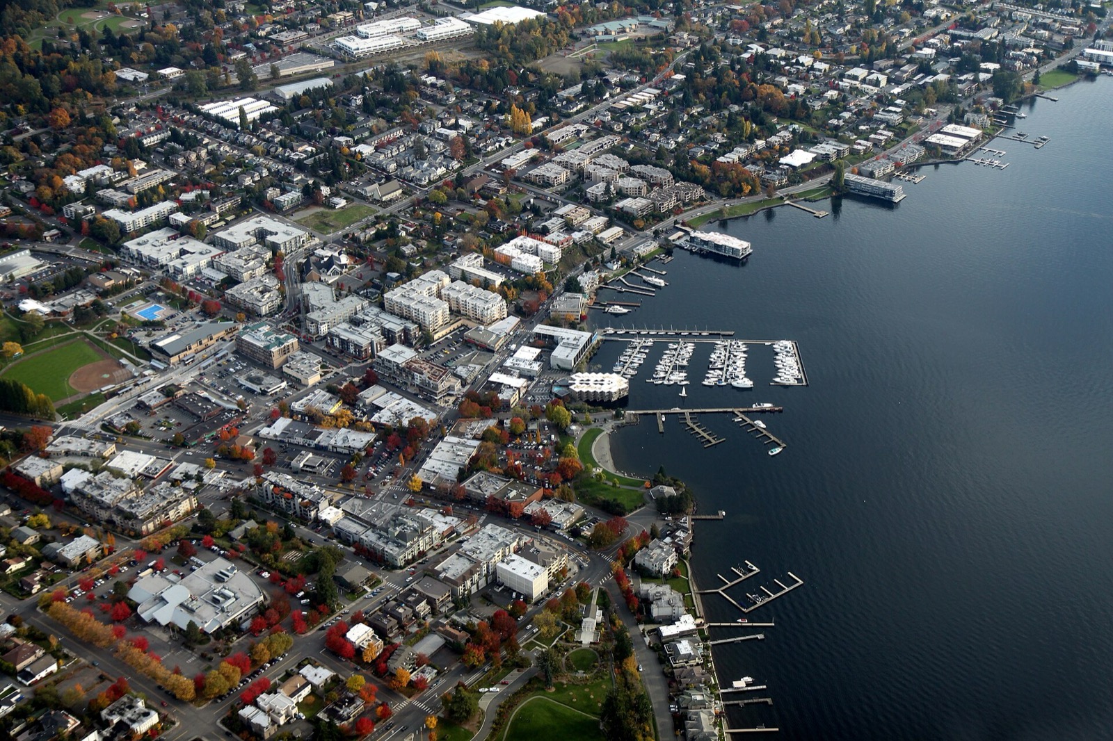 Kirkland, Washington seen from above, with the marina and Lake Washington
